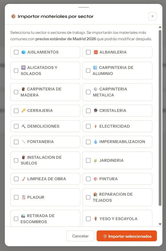 Importar materiales por sector EstimaIA