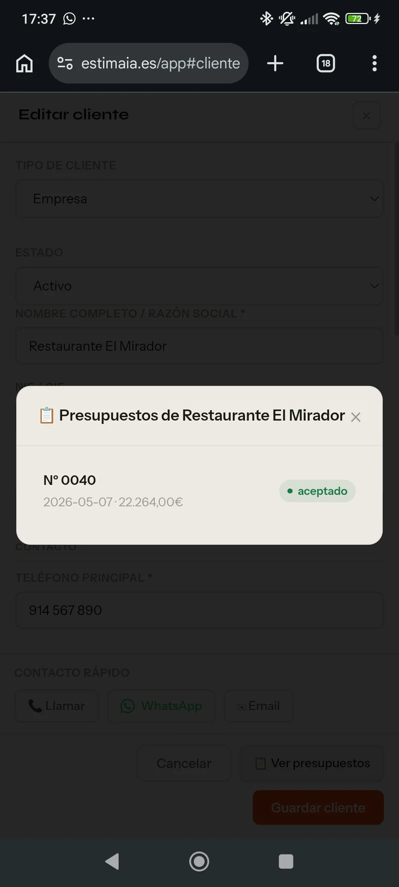 Ficha cliente en móvil