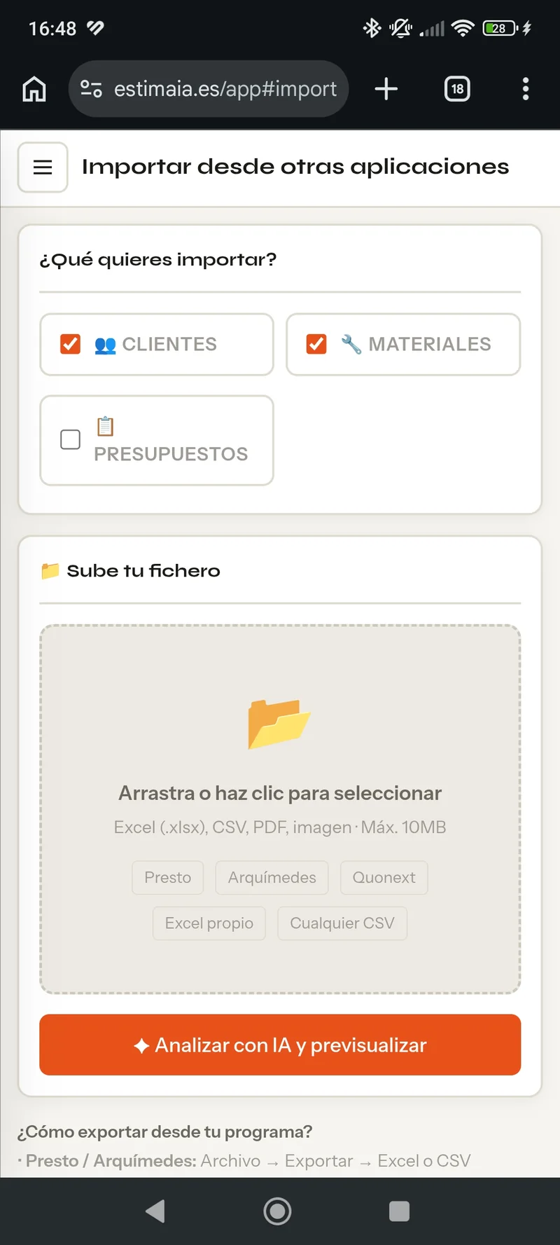 Importación en móvil