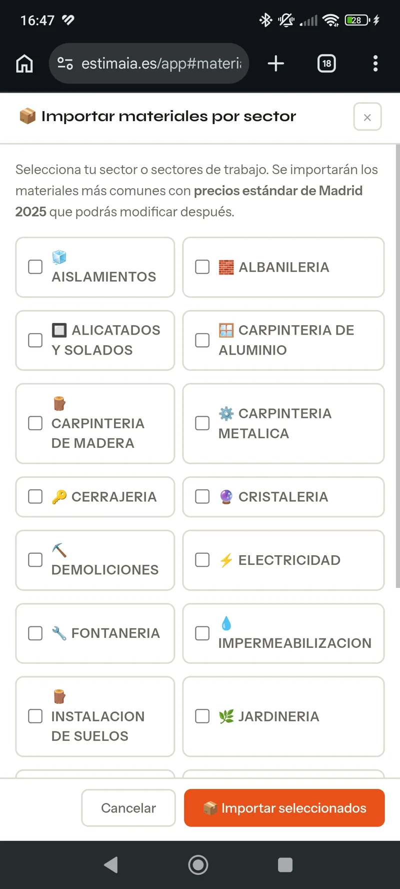 Importar por sector en móvil